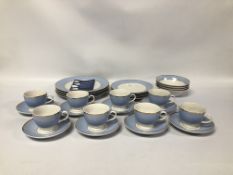 28 PIECES DOULTON DINNERWARE PALE BLUE, WHITE AND GOLD RIM.