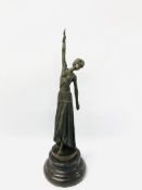 BRONZE FIGURE OF A DANCING GIRL ON CIRCULAR HARD STONE BASE,