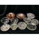 COLLECTION OF MOULDED & CUT GLASS BOWLS ALONG WITH AN ART DECO PINK GLASS BOWL A/F,