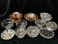 COLLECTION OF MOULDED & CUT GLASS BOWLS ALONG WITH AN ART DECO PINK GLASS BOWL A/F,