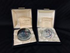 2 X CAITHNESS LIMITED EDITION GLASS PAPERWEIGHTS COMPRISING CONGRATULATIONS,