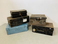 COLLECTION OF 5 VINTAGE METAL TRAVELLING TRUNKS