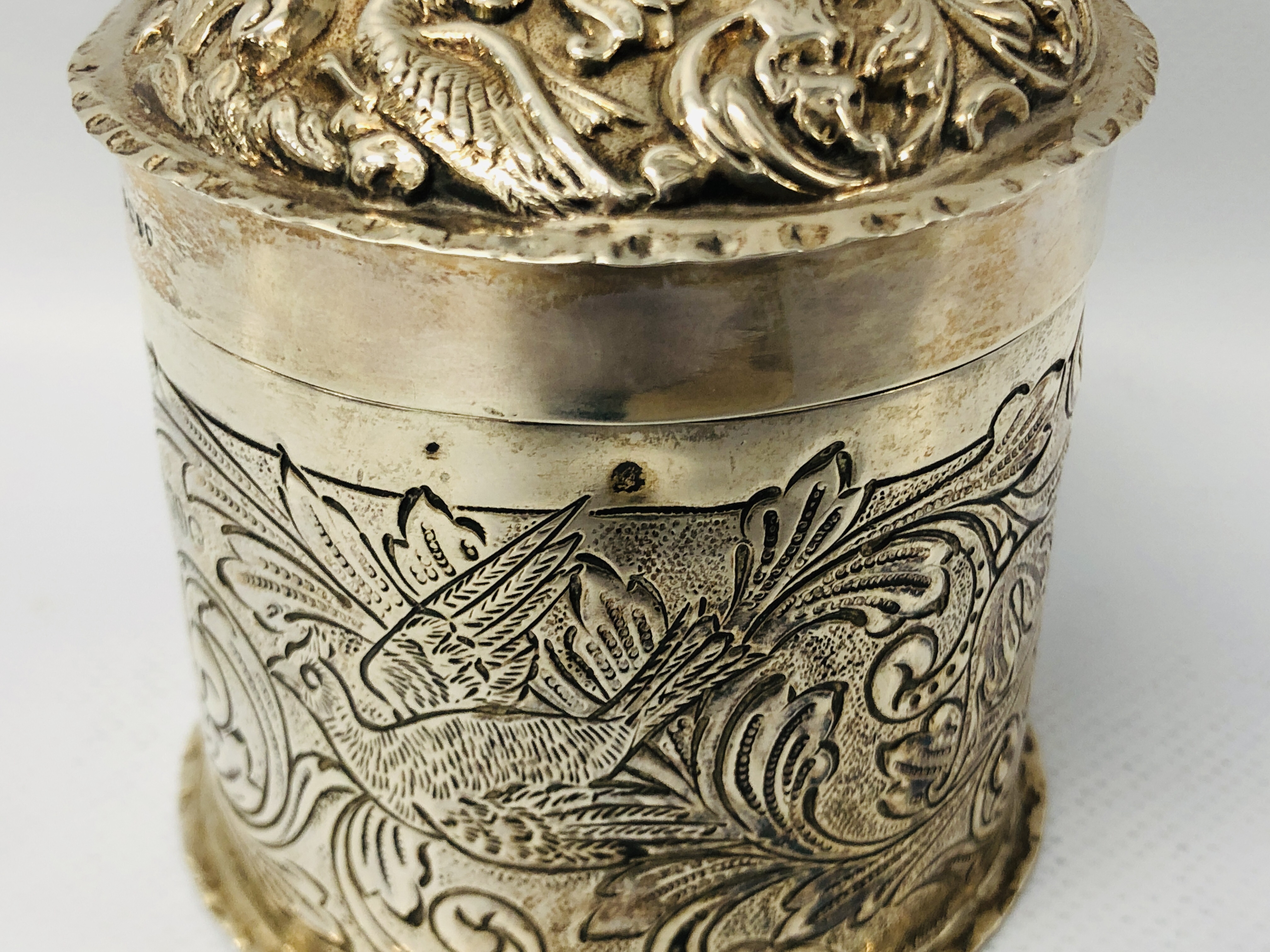 A VICTORIAN SILVER CYLINDRICAL BOX AND COVER DECORATED WITH BIRD LONDON 1888, WILLIAM COMINS - H 8. - Image 12 of 21