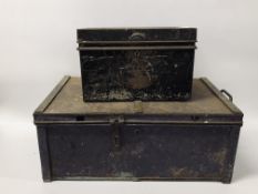 2 METAL AMMUNITION BOXES - LARGES BEING 63CM WIDE. 25CM HIGH. 40CM DEEP.