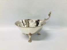 A SILVER STRAWBERRY BOWL WITH GROTESQUE MASK HANDLE,