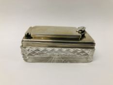 A WILLIAM IV CUT GLASS PIN BOX WITH SILVER MOUNT AND LID, HAVING A SCREW IN SECURITY CATCH, MAKER G.