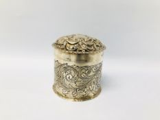 A VICTORIAN SILVER CYLINDRICAL BOX AND COVER DECORATED WITH BIRD LONDON 1888, WILLIAM COMINS - H 8.