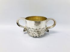 A C17TH STYLE SILVER PORRINGER LONDON 1897 J. WILLIAMS WITH LATER MONOGRAM AND INSCRIPTION H 8CM.