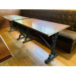 2 X RECTANGULAR BAR TABLES WITH DECORATIVE CAST IRON BASES - TOP 120CM X 61CM.