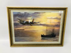 AN ACRYLIC ON BOARD OF WW2 FIGHTER PLANE OVER WATER BY NORMAL PELLEW 1994 BEARING SIGNATURE AND