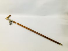 AN EARLY C20TH TORCH WALKING STICK WITH BONE HANDLE - L 92CM.