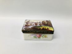 A C19TH FRENCH ENAMELLED SNUFF BOX DECORATED IN THE C18TH STYLE W 7.5CM.