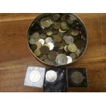 TIN OF FOREIGN COINS, GB CROWNS ETC.