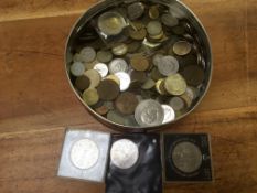 TIN OF FOREIGN COINS, GB CROWNS ETC.