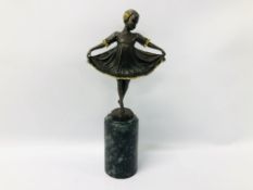 BRONZE FIGURE OF A DANCER MARKED PREISS ON MARBLE COLUMN BASE, PROBABLY C20TH - H 32CM.