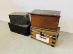4 VINTAGE WOODEN STORAGE BOXES TO INCLUDE METAL BOUND