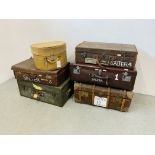 SIX VARIOUS VINTAGE TRAVEL TRUNKS / LUGGAGE BAGS TO INCLUDE MILLER MANUFACTURING METAL BOUND