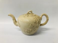 A SALT GLAZED STONEWARE TEAPOT MOULDED WITH A FRUITING VINE C 1750,