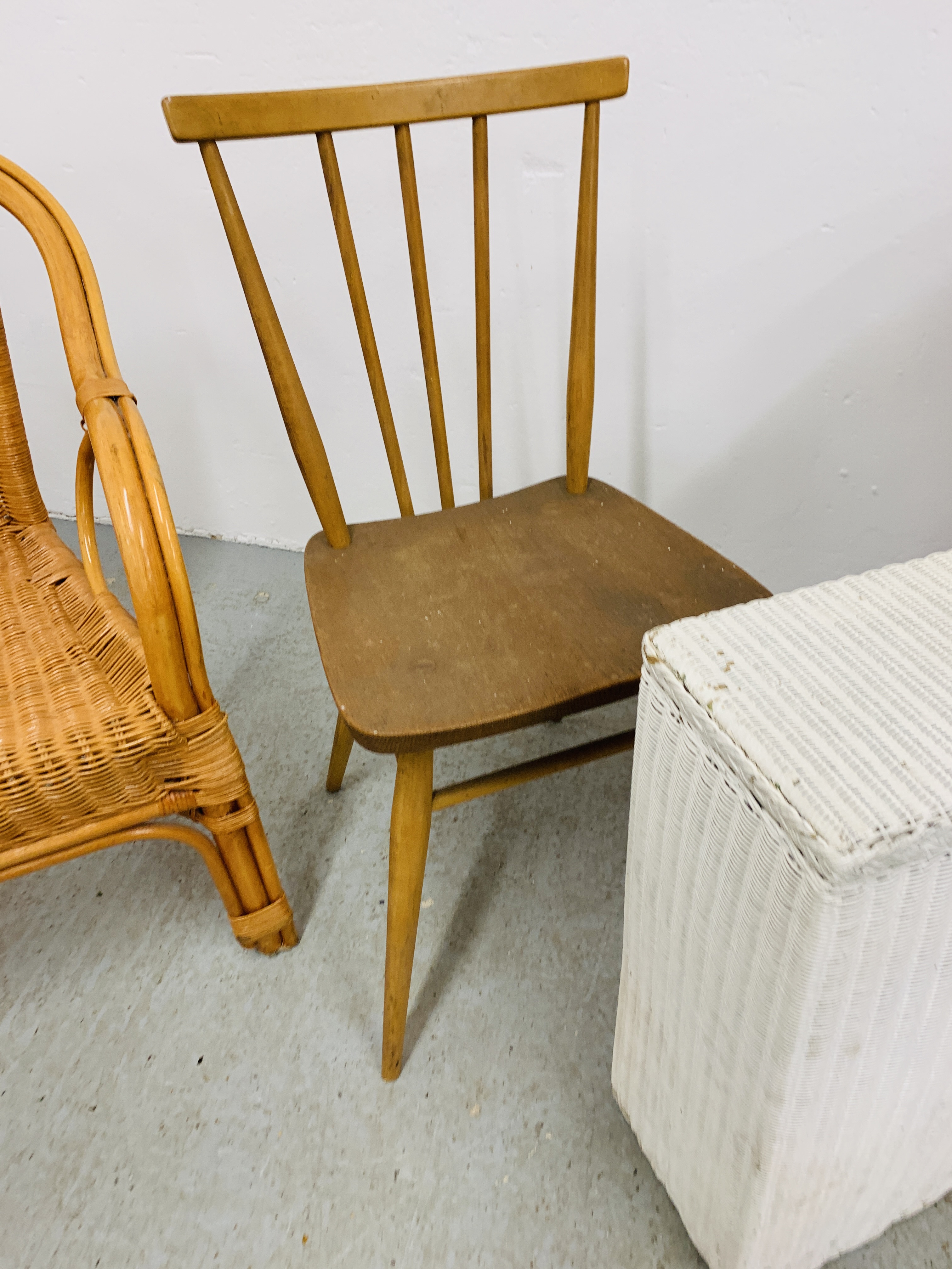 A ROLL ARM WICKER CHAIR, ONE OTHER CANE ELBOW CHAIR, - Image 4 of 5