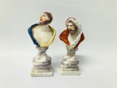 A PAIR OF BOW BUSTI OF SEASONS "WINTER" AND PERHAPS "SUMMER" ON MARBLED COLUMN WITH A SQUARE BASE -