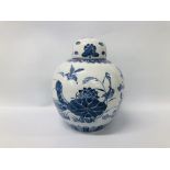 LARGE BLUE AND WHITE ORIENTAL LIDDED GINGER JAR.