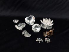 9 X SWAROVSKI CRYSTAL CABINET ORNAMENTS TO INCLUDE LILY PAD, TURTLES, SEA HORSE ETC.
