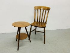 A COUNTRY SLAT BACK KITCHEN CHAIR AND TWO TIER TRIPOD OCCASIONAL TABLE.