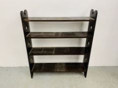 A STAINED PINE OPEN BOOKCASE, WIDTH 93CM.