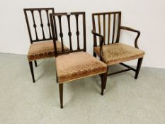 A PAIR OF LATE GEORGIAN CARVED STICK BACK DINING CHAIRS AND A LATE GEORGIAN MAHOGANY OPEN ARM CHAIR.
