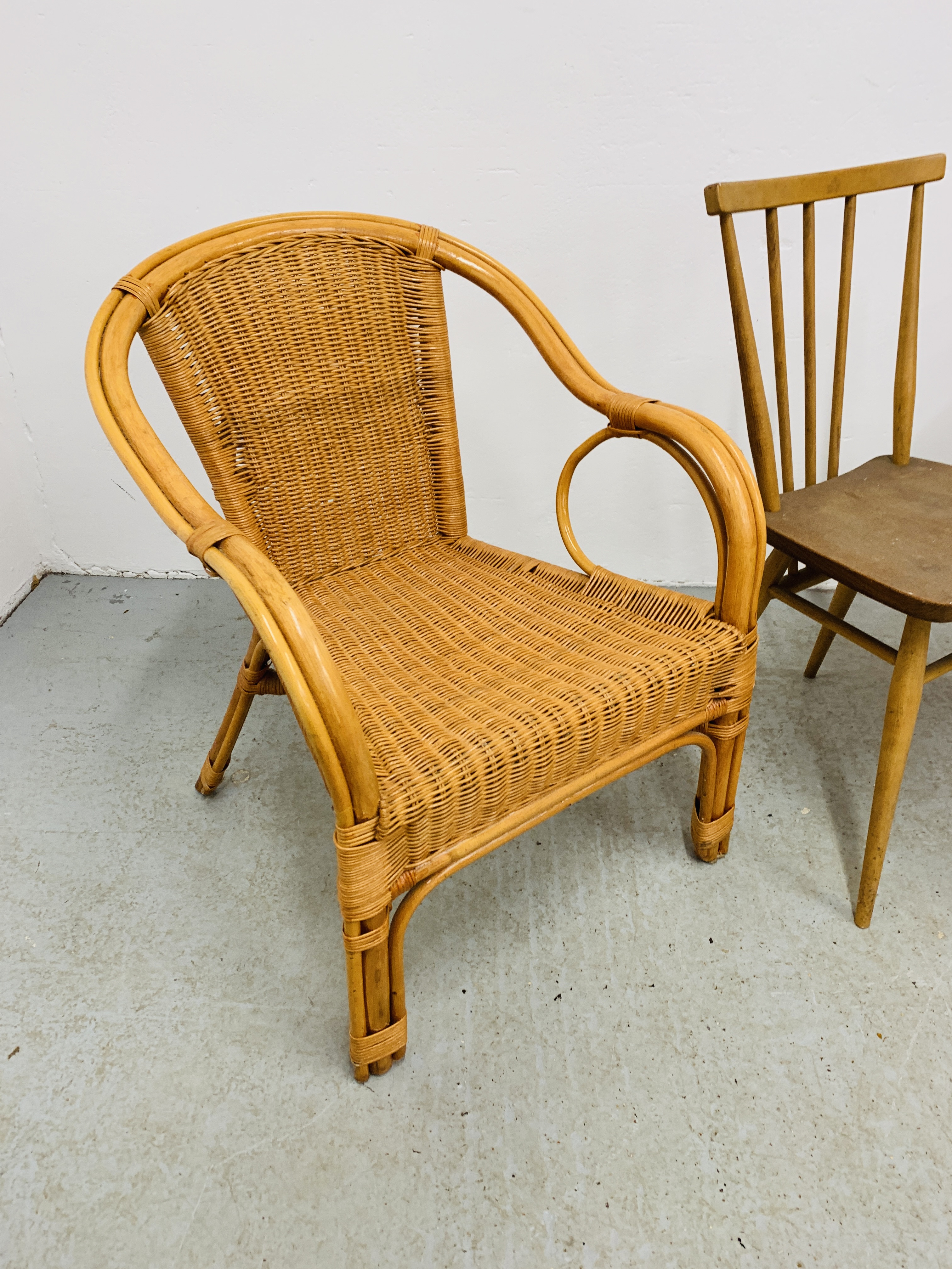 A ROLL ARM WICKER CHAIR, ONE OTHER CANE ELBOW CHAIR, - Image 5 of 5