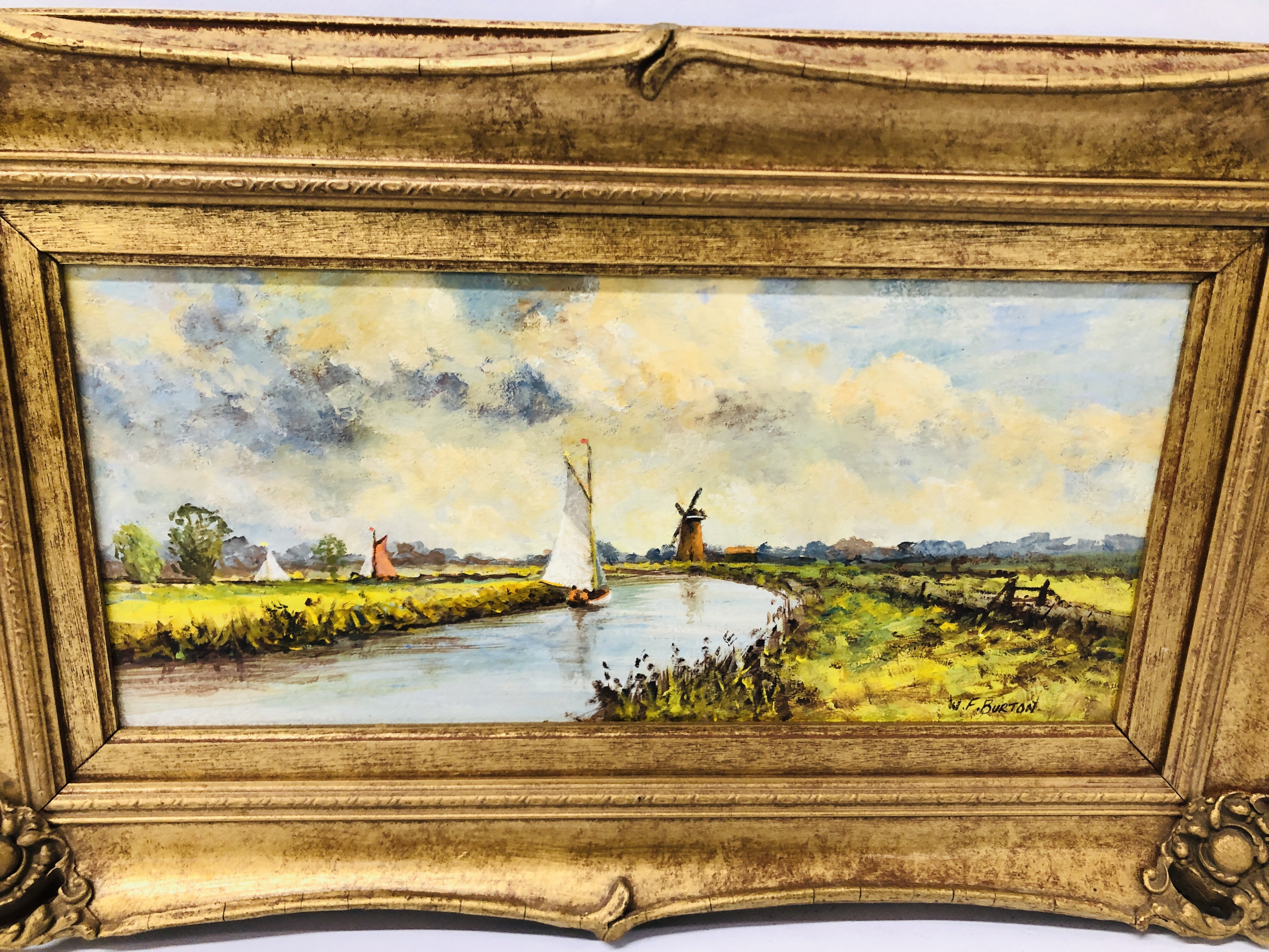 OIL ON BOARD BROADLAND SCENE DEPICTING SAILING YACHTS AND WINDMILL BEARING SIGNATURE W.F. - Image 6 of 11