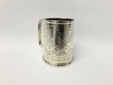 SILVER TANKARD OF CYCLINDRICAL FORM EXETER 1877, JOSIAH WILLIAMS H 9.25CM.