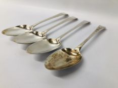 3 MID C18TH OLD ENGLISH PATTERN SILVER SERVING SPOON LONDON ASSAY ALONG WITH A FOURTH MID C18TH