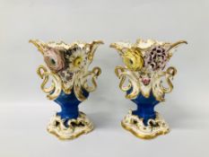 A PAIR OF C19TH ROCOCO REVIVAL VASES, THE RIM ENCRUSTED WITH FLOWERS,