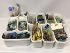A LARGE QUANTITY OF PACKAGED AS NEW FISHING ACCESSORIES TO INCLUDE BAIT EQUIPMENT,