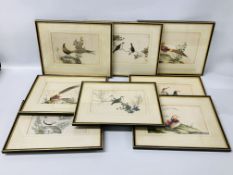 A GROUP OF EIGHT C19TH CHINESE WATERCOLOURS ON SILK OF BIRDS - AVERAGE SIZE 16 X 26CM.