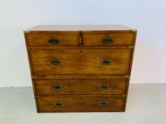 A C19TH MAHOGANY FIVE DRAWER CAMPAIGN CHEST IN TWO SECTIONS WITH BRAHMER LOCKS AND INSET HANDLES,