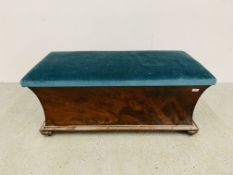 A C19TH MAHOGANY OTTOMAN OF WAISTED FORM, WIDTH 109CM.