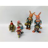 COLLECTION OF 5 TIN PLATE WIND UP TOYS TO INCLUDE 2 HAPPY BUNNYS ICE CREAM VENDOR,