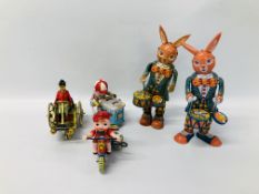 COLLECTION OF 5 TIN PLATE WIND UP TOYS TO INCLUDE 2 HAPPY BUNNYS ICE CREAM VENDOR,