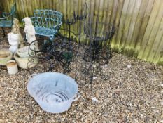 A COLLECTION OF GARDEN METAL CRAFT PLANT STANDS, CLIMBERS AND GALVANISED BATH ETC.