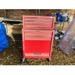 A 5 DRAWER AND 1 LIFT SECTION WHEELED TOOL BOX ALONG WITH A 6 DRAWER SINGLE TOP LIFT TOOL BOX,