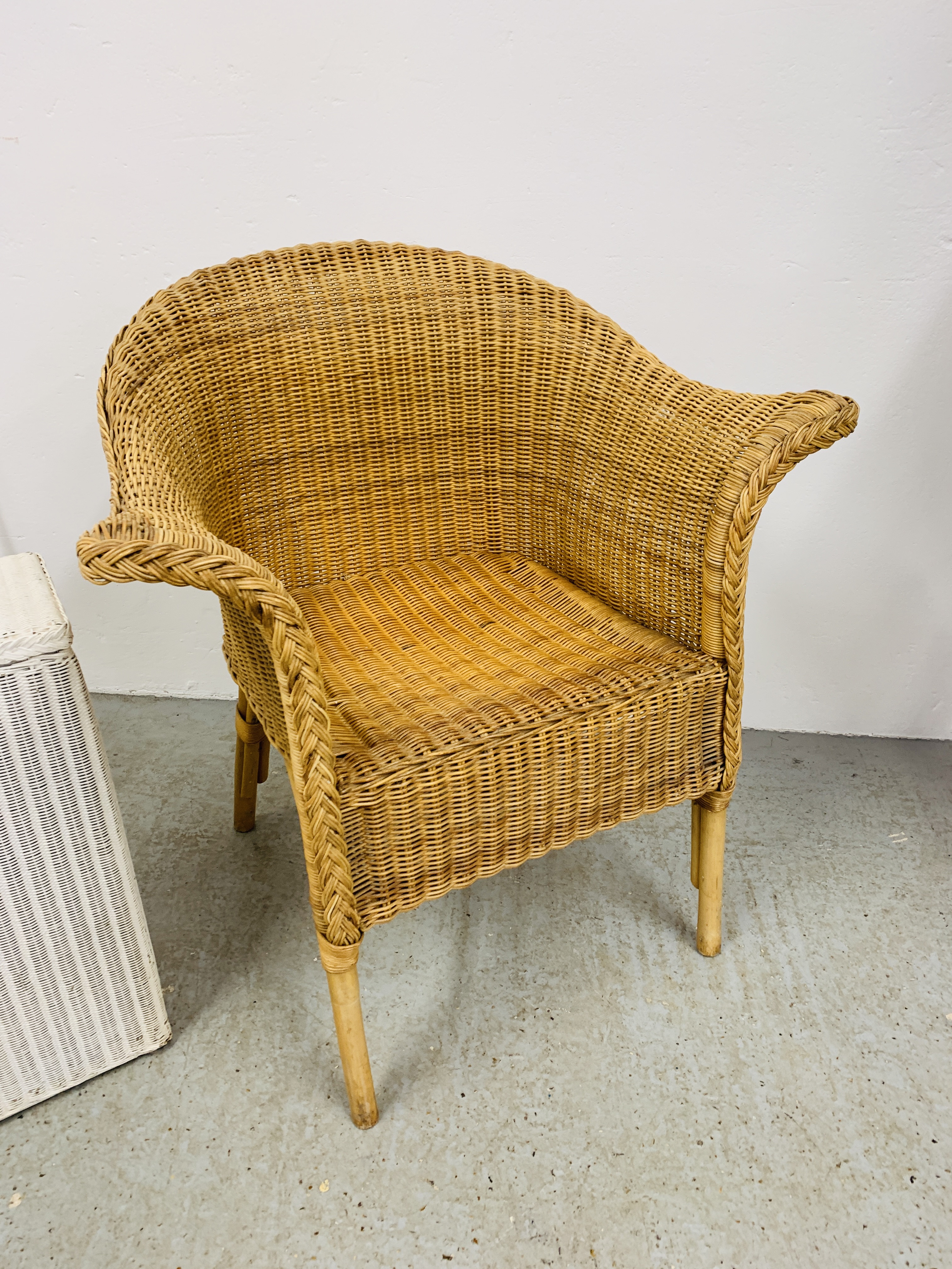 A ROLL ARM WICKER CHAIR, ONE OTHER CANE ELBOW CHAIR, - Image 2 of 5