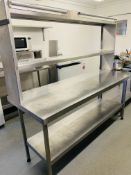 STAINLESS STEEL TWO TIER CATERING PREPARATION TABLE WITH SERVE THROUGH UPSTAND ATTACHED - W 180CM.