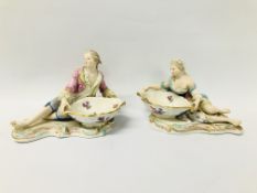 A PAIR OF VOLKSTEDT FIGURAL SALTS IN THE FORM OF A LADY & GENTLEMAN, RECUMBANT HOLDING BOWLS, 21.