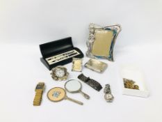 A BOX OF COLLECTABLE ITEMS INCLUDING WATCHES AND JEWELLERY