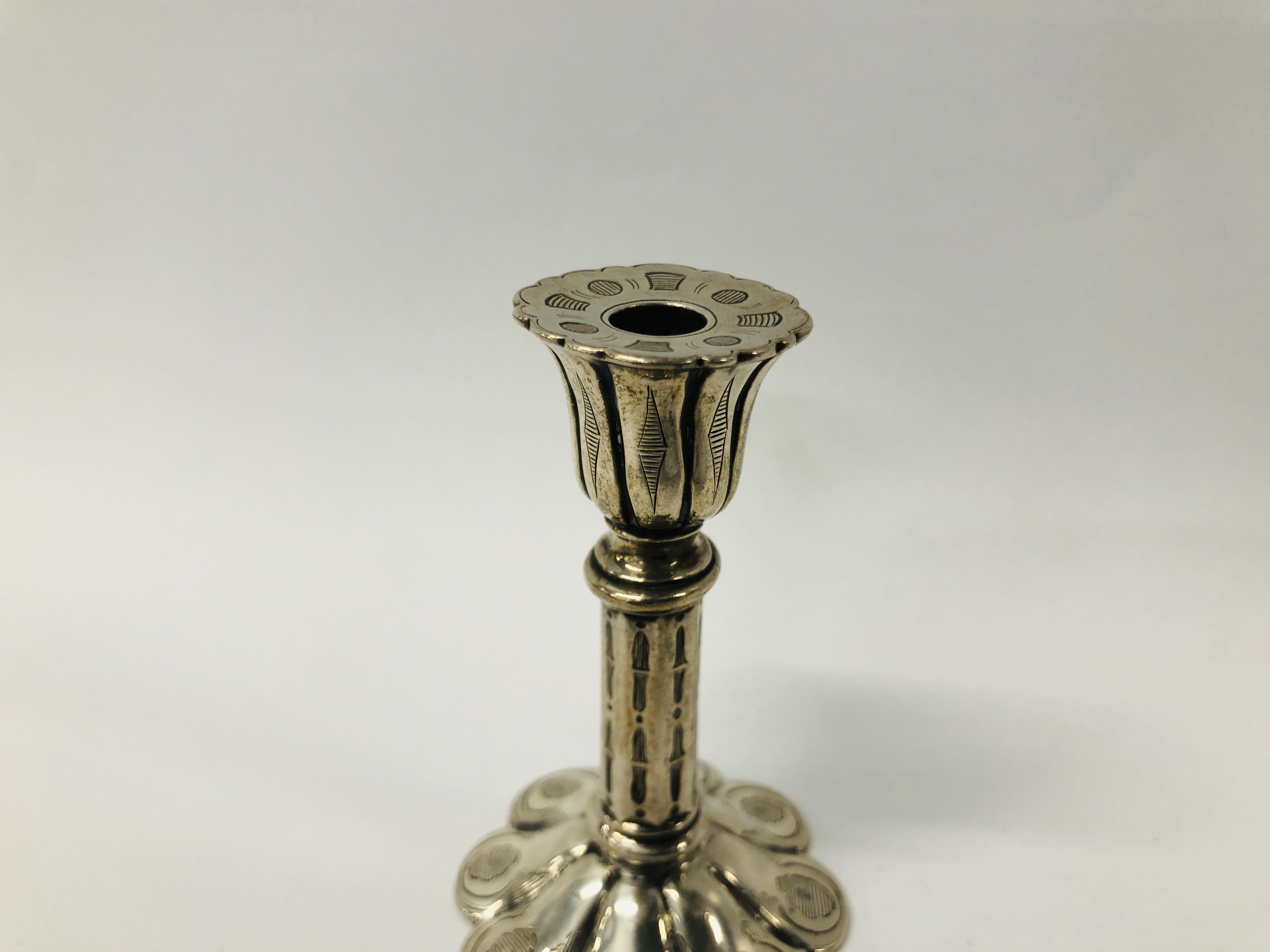 A VICTORIAN SILVER TAPER STICK ON A PETAL BASE LONDON 1853, WILLIAM SMILY H 8.5CM. - Image 5 of 13