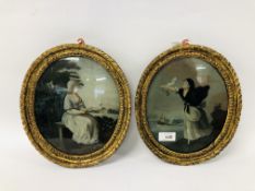 A PAIR OF LATE GEORGIAN PAINTINGS ON GLASS - SEATED LADY WITH A FAN,