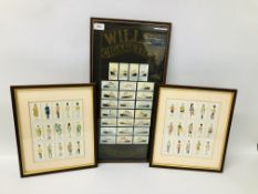3 FRAMED AND MOUNTED CIGARETTE CARD DISPLAYS TO INCLUDE WILLS, MILITARY ETC.