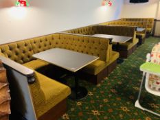 5 X UPHOLSTERED BOOTH SEATING FIXTURES + FOUR TABLES AND TWO BENCH SEATING FIXTURES (TRADE ONLY)